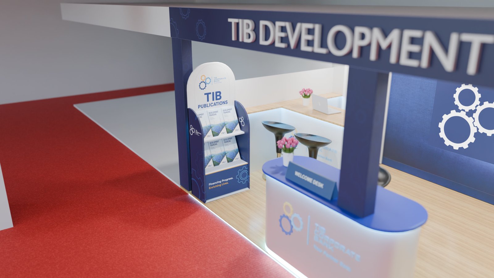 Entrance Branding and Publications Corner — TIB Development Bank Exhibition Booth
